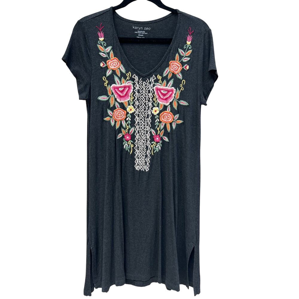 Karyn Seo Floral Embroidered Short Sleeve Short Dress Charcoal Grey Size Small